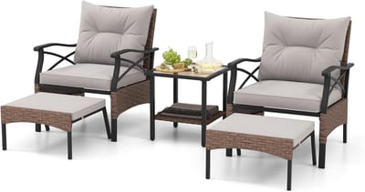 COSTWAY 5-delige rotan tuinmeubelset, 2-traps bijzettafel, 2 stoelen met kruk, terrasmeubels, balkonmeubels 2 personen, tuingarnituur incl. zitkussens en rugkussens