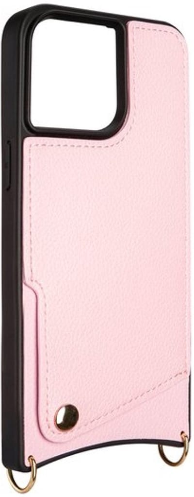 CaseBoutique Backcase hoesje geschikt voor iPhone 15 Pro - Effen Roze - Kunstleer - met Crossbody Koord & Pashouder