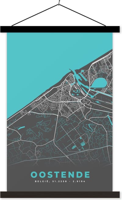 Posterhanger incl. Poster 40x60 cm - Schoolplaat - België – Oostende – Stadskaart – Kaart – Blauw – Plattegrond - Textielposter - Zwarte latten - Stadskaart
