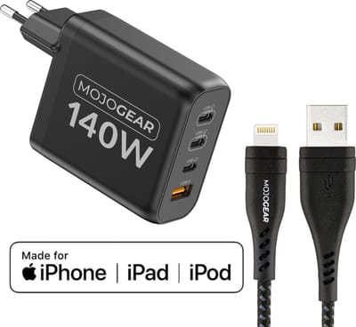 MOJOGEAR CHARGE+ 140 Watt oplader met USB naar Lightning kabel 1,5 meter - Oplader voor laptop, smartphone en tablet — 3x USB-C / 1x USB — Zwart