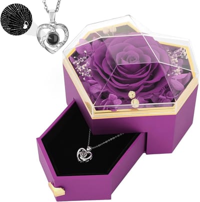 Echte Roos in Hartvormige Sieraaddoos, Eternity bloemen met 'Ik hou van jou' ketting in 100 talen, Perfect cadeau voor Moeder, Vrouw of Valentijnsdag, Paarse Rozenjuwelen