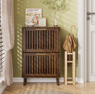 DESMIU Schoenenkast - Smal Met 2 Kleplades En Open Vak - Voor Hal En Entree - MDF En Spaanplaat In Walnootkleur - 60 Cm
