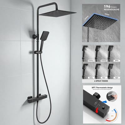 Auralum max Regendouche met Thermostaatkraan - Ø 25 cm - Zwart - Doucheset Regendoucheset - 6 standen Handdouche - Waterbesparend - met 38°C Thermostatische Mengkraan