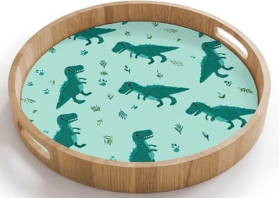 Dienblad rond 40x40 cm - Schootdienblad hout - Donkergroen - Dinosaurussen - Afdrukken - Bladeren - Borrelplank rechthoek - Plateau houten dienbladen
