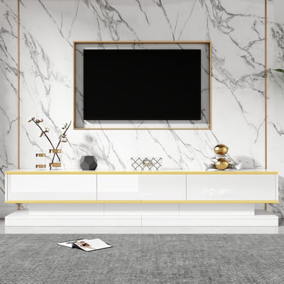 MODFU - Tv-Meubel - 3 Lades En Open Vakken - Modern - Voor Woonkamer - Spaanplaat - Warmwit Met Gouden Rand - 200 X 40 X 40 Cm