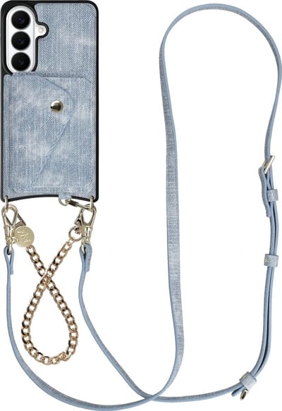 AVY Hoesje geschikt voor Samsung Galaxy S26 | Met Koord en Kaarthouder | Compatibel met MagSafe | Kunstleren Case met Polsand & Crossbody Koord & Wallet | Gold Denim Set | Denim