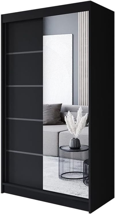 Zwarte Schuifdeuren Kledingkast 120 cm met Spiegel - Multifunctionele Kledingkast voor de Slaapkamer