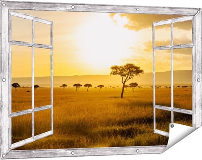 Gards Tuinposter Doorkijk Zonsondergang in de Savanne - 120x80 cm - Tuindoek - Tuindecoratie - Wanddecoratie buiten - Tuinschilderij