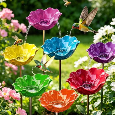 Vogelbad - Metalen Vogelbad - Set Van 7 - Afneembare Bloem - Ondiepe Schaal Voor Water/Bad - Voor Tuin/Terras/Balkon - Met Opdeelbare Stang - Voor Vogels/Bijen/Vlinders - Rood/Groen/Blauw/Geel/Oranje/Roze/Paars - Hoogte 60cm (Schaal 8cm) - 7 Stuks