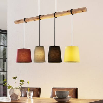 Lindby - Hanglamp - 4lichts - Textiel, hout - H: 22 cm - E27 - rood, grijs, zwart, geel, licht hout