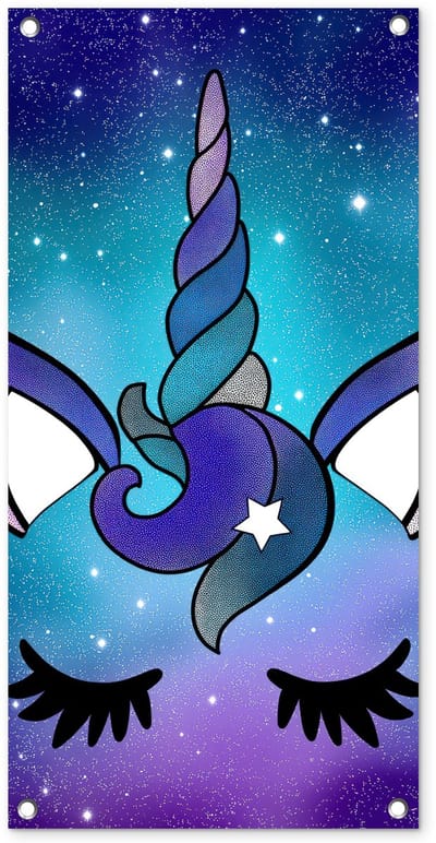 Tuinposter 40x80 cm - Tuindecoratie Eenhoorn - Sterrenhemel - Ster - Blauw - Poster voor in de tuin - Buiten decoratie - Schutting tuinschilderij - Tuindoek muurdecoratie - Wanddecoratie balkondoek