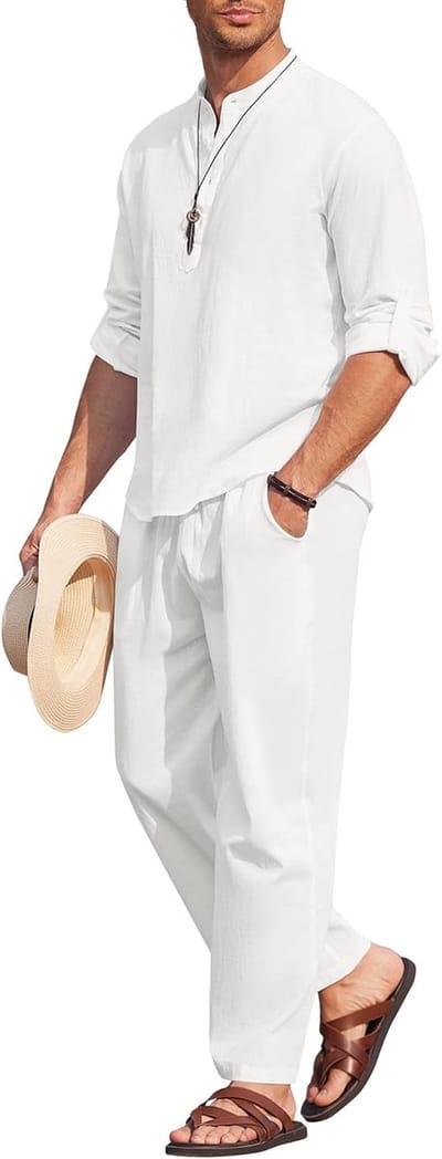 Heren 2-delige katoenen linnen set Henley shirts met lange mouwen casual strandbroek met zakken zomer yoga outfits