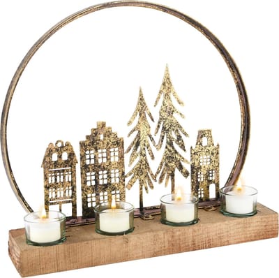 Dekoratief | Theelichthouder boog m/huizen, brons, metaal/hout, 37x7x35cm | A235390
