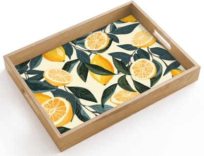 Dienblad hout 40x30 cm - Schootdienblad - Citroenen - Vruchten - Bladeren - Geel - Groen - Beige - Borrelplank rechthoek - Plateau dienbladen