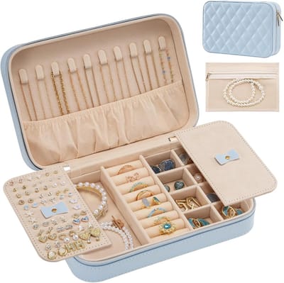 Draagbare sieradendoos met spiegel - Organizer voor ringen, oorbellen en halskettingen in blauw