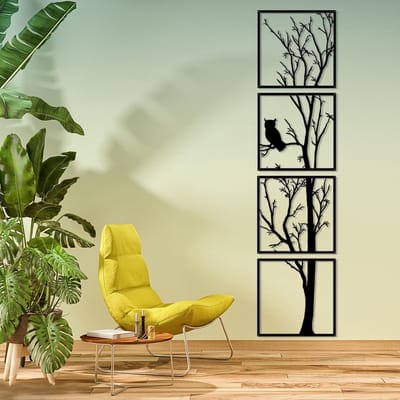 Moderne Wanddecoratie van 4 Panelen van Metaal, Abstracte Boom Kunst, Unieke Interieurstijl, 15.7in×63in