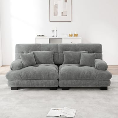 Intebiki Hoekbank voor de woonkamer - Tweepersoonsbank - Met 2 lendensteunkussens en 2 sierkussens - Inclusief verplaatsbare voetenbank voor extra comfort - Chenille stof - Duurzaam - 220x77x81 cm - veloursgrijs