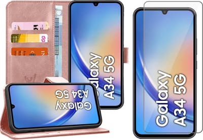 Hoesje geschikt voor Samsung Galaxy A34 - Screen Protector GlassGuard - Book Case Kunstleer Pasjeshouder Roségoud & Screenprotector