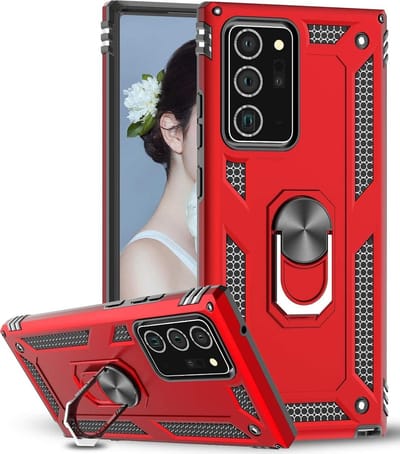 HB Hoesje Geschikt voor Samsung Galaxy Note 20 Ultra Rood - Anti-Shock Hybrid Armor Back Cover - Hoes met Kickstand Ring