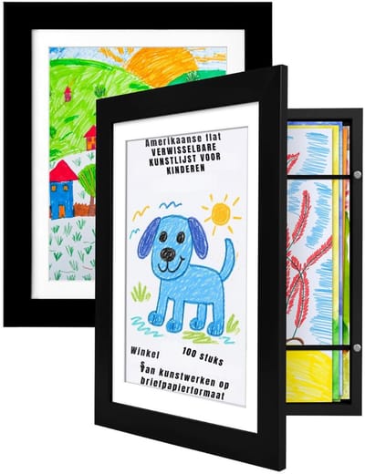 TIM® Wissellijst Kindertekening - Fotolijst – Set van 2 - Luxe fotolijst voor kindertekeningen - Kunstlijst - Wissellijst – Tekeningen – A4 - Wit- ‎34cm x 25cm x 3cm; 1.6 kg