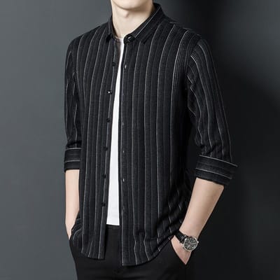 Business Casual Herenhemd Lente Zachte Stof Comfortabel Ademend Strepen Kraaghemd 2XL black