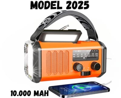 Noodradio - Solar Opwindbaar 10.000mAh - MODEL 2025 - Solar powerbank Zonneenergie - Survival Noodpakket - Zaklamp Oplaadbaar - Noodpakket – Noodrantsoen - Oranje