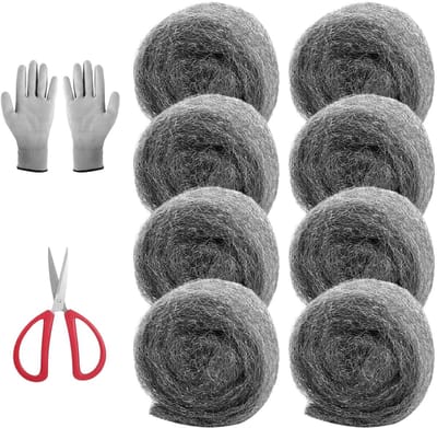 Effectieve staalwol tegen muizen, isolatiemateriaal voor gaten en kieren, inclusief handschoenen en schaar, 5 m rol, 8 rollen voor optimale bescherming in huis