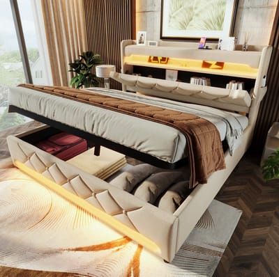 MEUNIQ tweepersoons bed 140x200 met hydraulische opbergruimte, hoofdbord met USB en Type-C, 360 graden LED-verlichting, gestoffeerd bedframe voor slaapkamer, beige