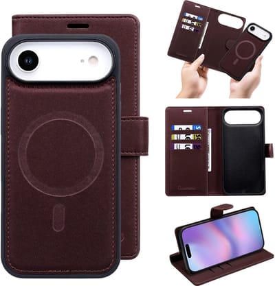 Casemania Hoesje Geschikt voor Apple iPhone 17 Air - Bordeaux - 2 in 1 Bookcase met Velvet Finish - Geschikt voor MagSafe - Magnetisch Portemonnee Telefoonhoesje met Pasjeshouder en Afneembare Cover - Kunstleer Wallet Case