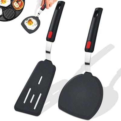 Set van 2 spatels, siliconen keukenhulpen voor spiegelei, pannenkoeken, vis, hamburgerpatties, steaks en andere gerechten (zwart)