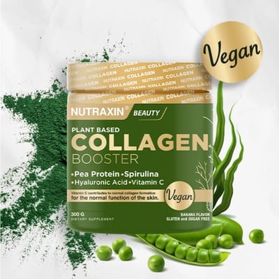 Nutraxin Beauty Vegan Collagen Booster 300g – Complete Plantaardige Collageen Formule met Hyaluronzuur, Vitamine C, Biotine & Spirulina – Bananensmaak - collageen - collageen poeder