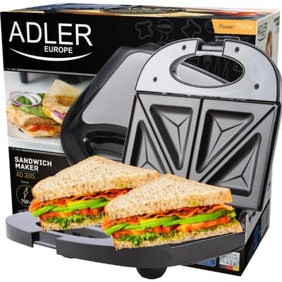 850 W tosti-broodrooster, antiaanbaklaag, zilverzwart, antislip, 4 driehoekige sandwiches