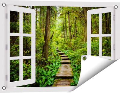 Gards Tuinposter Doorkijk Voetpad in het Bos met Groene Planten - 60x40 cm - Tuindoek - Tuindecoratie - Wanddecoratie buiten - Tuinschilderij