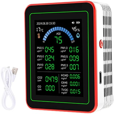 18 in 1 HCHO Meter, Temperatuur- en Vochtigheidsmeter met Kleurenscherm voor Thuis Kantoor, Detecteert Binnen black