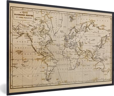 Poster in lijst - Fotolijst 90x60 cm - Posters - Wereldkaart - Vintage - Bruin - Educatief - Posterlijst zwart - Decoratie - Wanddecoratie woonkamer - Muurdecoratie slaapkamer
