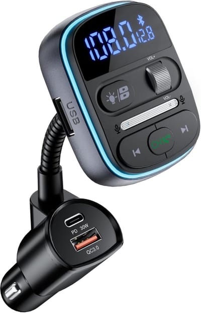 Bluetooth 5.0 FM Transmitter, 360°Draaien Scherm, 30W Snellader Draadloze Bluetooth FM-zender met PD Type-C & QC 3.0 USB, Handsfree Bellen, Ondersteunt SD-kaart/USB-stick, Spanningsmonitor
