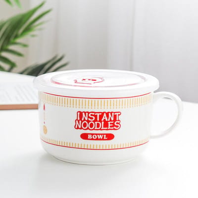 Vente Bol de nouilles instantanées en céramique avec poignée Bol de nouilles instantanées de grande capacité Bol de nouilles instantanées au design mignon avec couvercle 5.25 inches white