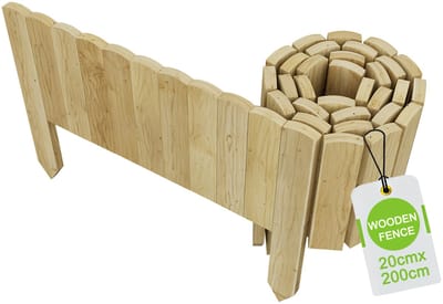 200x20cm Houten Gazonrand, Bedrand, Maairand Rollborder, Bedrand met Pinnen, Palissaderolset, Decoratief Tuinhek voor Tuingrens/Patio/Bloembed (Beige) NAIZY