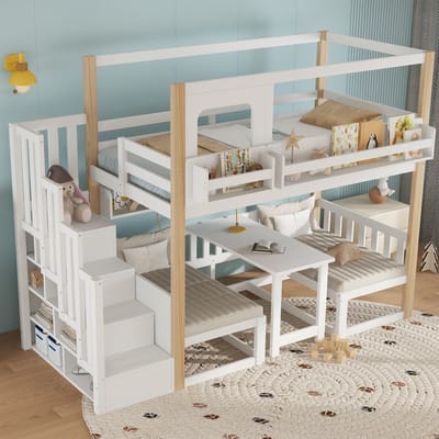 Sweiko Stapelbed - 90 x 200 cm - Met bureau - Boekenplank - Opbergruimte - Grenenhout + MDF - Kinderbed - Wit + Naturel