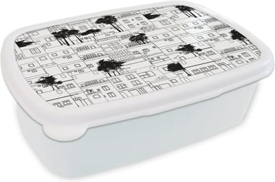 Broodtrommel Wit - Lunchbox - Brooddoos - Patronen - Bomen - Huis - 18x12x6 cm - Volwassenen