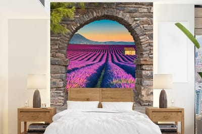 Behang - Fotobehang Lavendel - Avond - Doorkijk - Bloemen - Breedte 175 cm x hoogte 240 cm