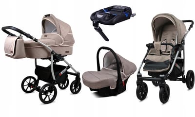 BabyLux® Kinderwagen 4in1 – QBARO - KHAKI - Opklapbare Wandelwagen incl. Reiswieg, Multifunctionele Buggy Sportstoel, Autostoel, ISOFIX basisstation - Combi-kinderwagen met Luiertas, Regenhoes, Klamboe