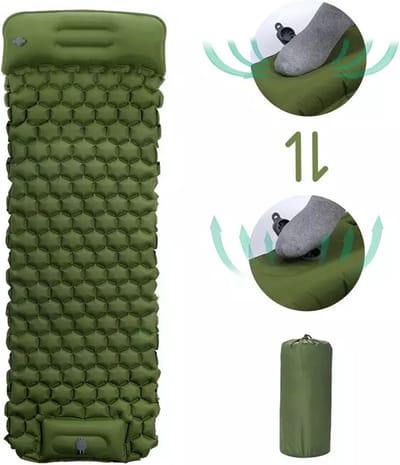 Opblaasbare Slaapmatje - Luchtmatras - Opblaasmatras - Kampeermat - Ingebouwde pomp - Zelfopblazend - Hoofdkussen - 193x60x14cm / 28x11 - Groen - Camping - Survival - 1 persoon - Vakantie - Strand