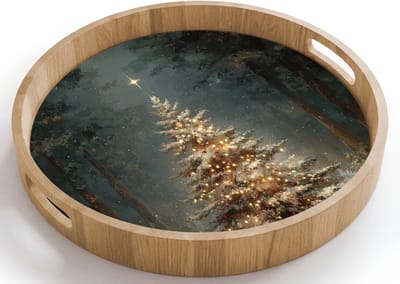 Dienblad rond 40x40 cm - Schootdienblad hout - Kerstboom - Bos - Sneeuw - meerkleurig - Borrelplank rechthoek - Plateau houten dienbladen