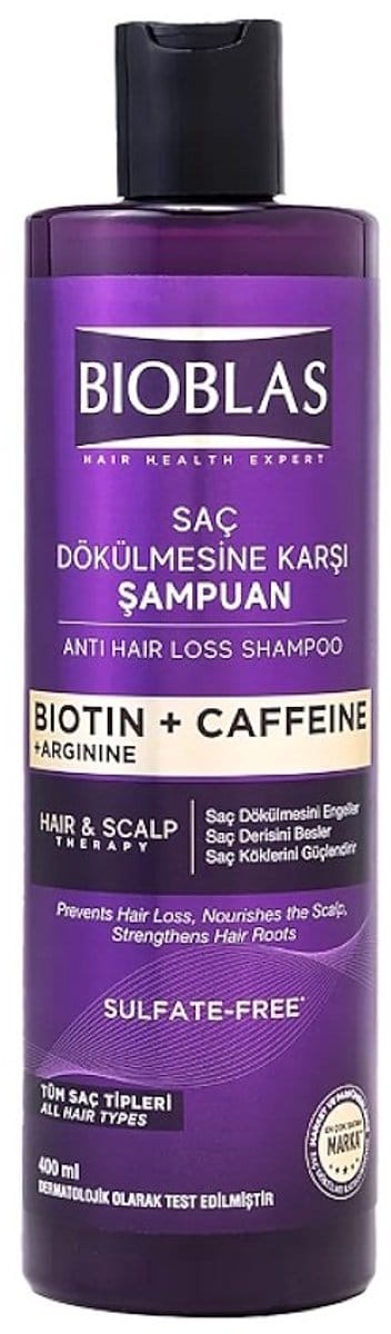 Bioblas Anti Hair Loss Shampoo – Biotin + Caffeine + Arginine – 400 ml – Tegen Haaruitval & Versterkt Haarwortels – Sulfaatvrij - cafeïne shampoo - shampoo met arginine - sulfaatvrije shampoo - shampoo voor haargroei - haarversterkende shampoo