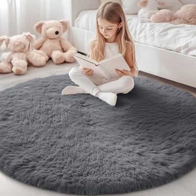 Homaxy - Woonkamerkleed - Kunstbont Vloerkleed- Hoogpolig- Pluizig En Zacht Klein Tapijt- 153x153 cm -Rond - Grijs