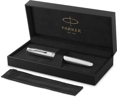 Parker Sonnet Ciselé Special Edition vulpen, dop, huls en detail met palladium afwerking, fijne, 18k massief gouden penpunt, zwarte inkt en converter