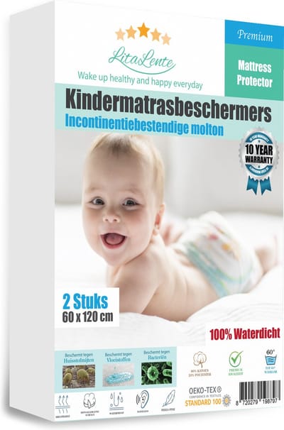 LitaLente - Katoenen Matrasbeschermers - Waterdichte baby Matrasbeschermer (set van 2) 60x120 cm Hoeslakenbadstof Matrasbeschermhoezen - Antibacteriëel - Rondom Elastiek - Wit - Waterdichte Matras Beschermer Incontinentie Matrasbeschermer 60 x 120 cm