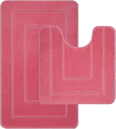 Famanu – Antislip badmat set van 2 pluizige badkamermatten inclusief 1 badmat (50 x 80 cm) en 1 toiletmat (50 x 50 cm) - roze