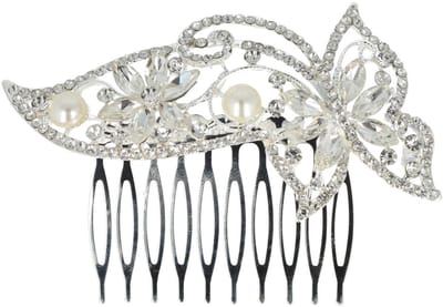 Haarsoires Haarspeld Sierkam Opsteekkam 9cm - Vlindervorm - Strass Steentjes Parel - Metaal - Zilver - Haarversierkam - Haar Versiering